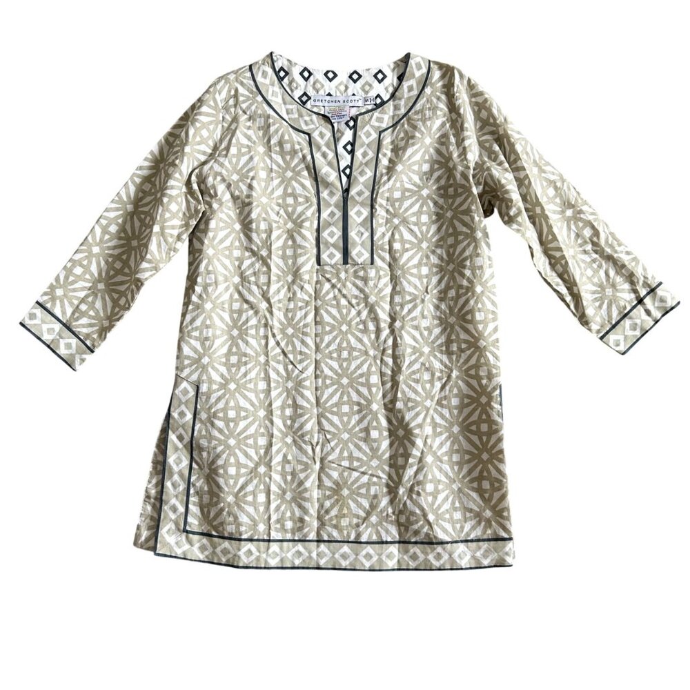 Gretchen Scott Women's Sz S Geometric Tunic Top Small 100% Cotton 3/4 Sleeve